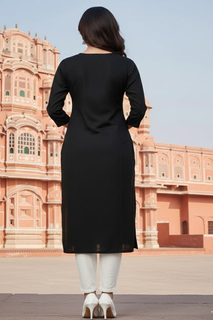 SRS Fashion Black Embroidered Rayon Straight Kurta Set - Dista