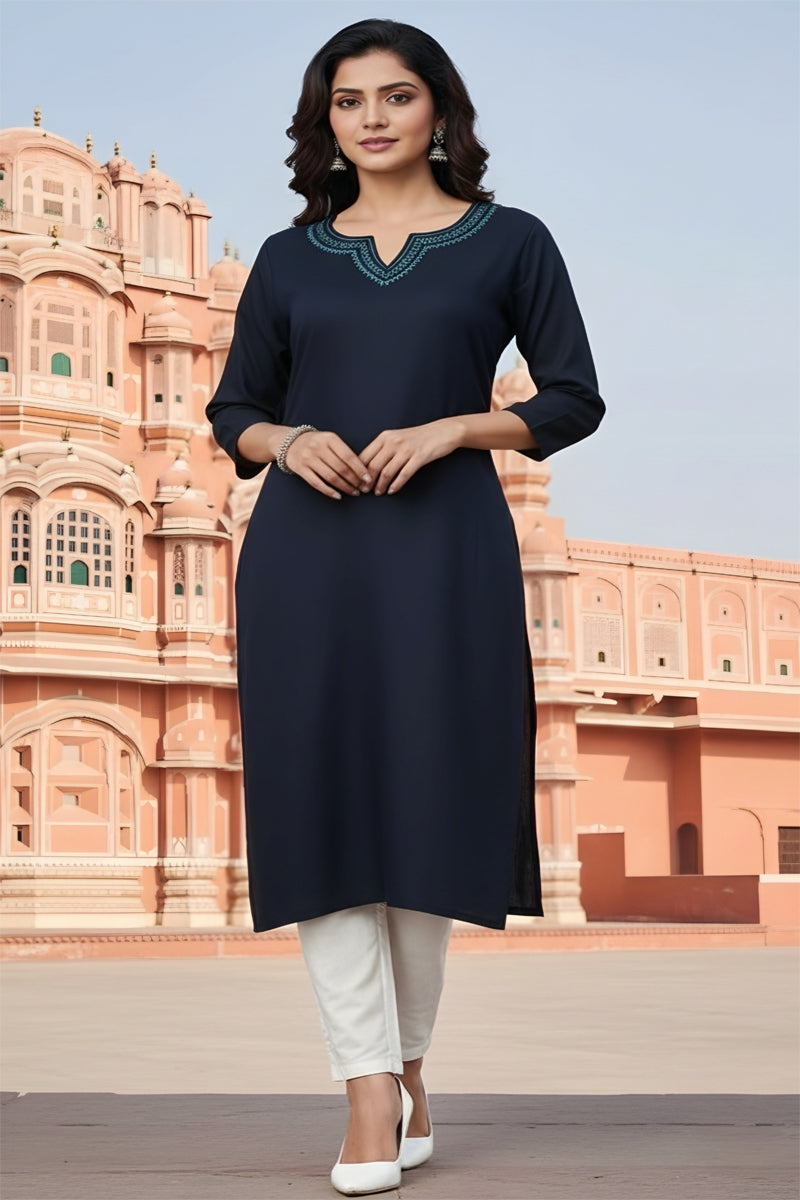 SRS Fashion Blue Embroidered Rayon Straight Kurta Set - Dista