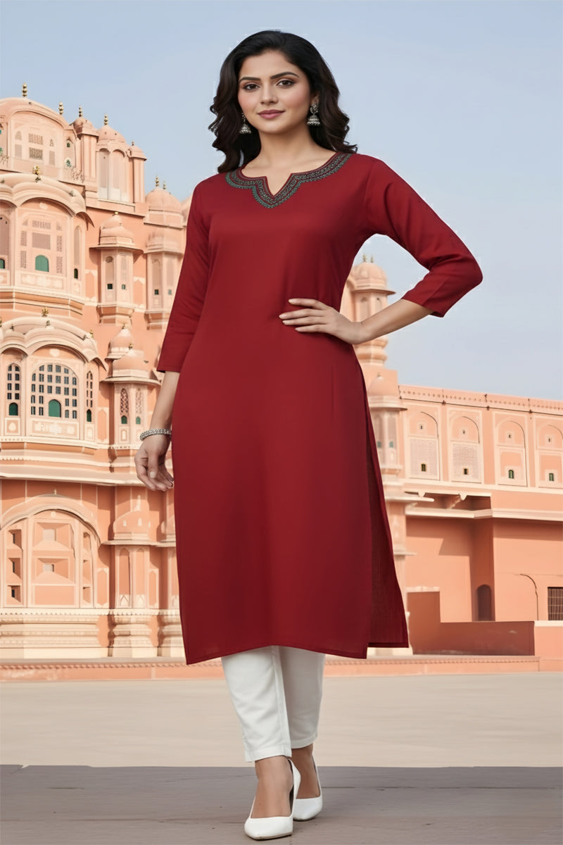 SRS Fashion Red Embroidered Rayon Straight Kurta Set - Dista