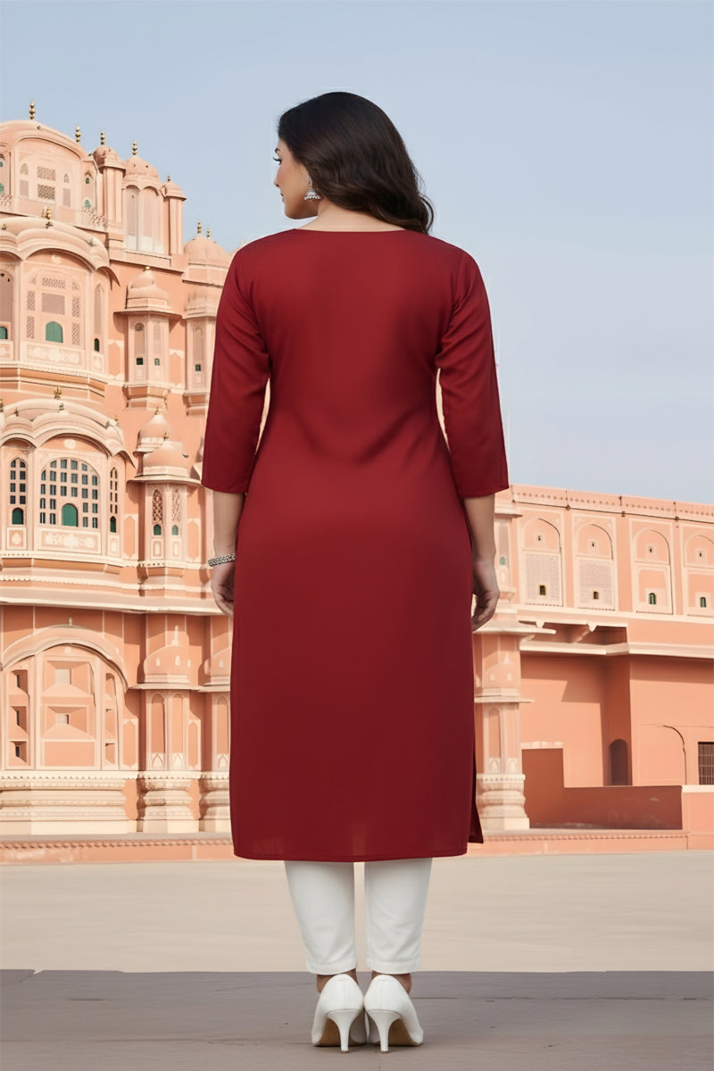 SRS Fashion Red Embroidered Rayon Straight Kurta Set - Dista