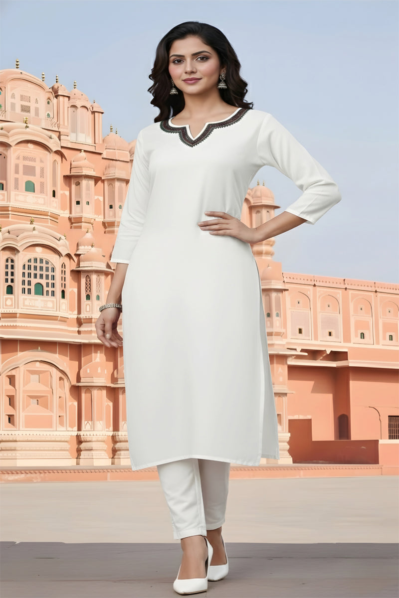 SRS Fashion White Embroidered Rayon Straight Kurta Set - Dista