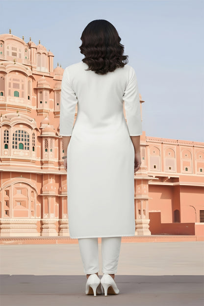 SRS Fashion White Embroidered Rayon Straight Kurta Set - Dista
