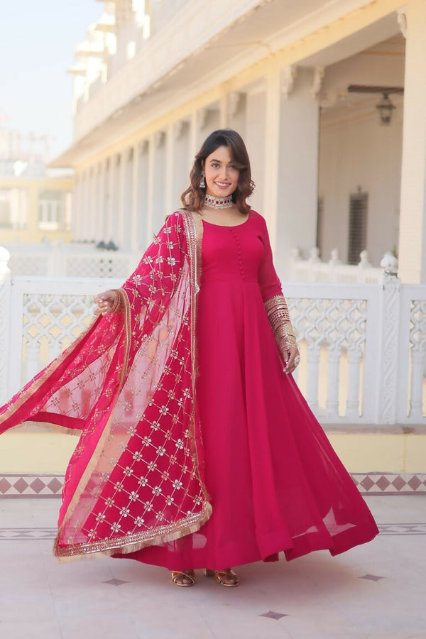 Jyoti Fashion Women's Rani Pink Faux Blooming Sequins Zari Embroidered Anarkali Dress with Dupatta - Distacart