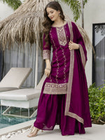 Thumbnail for The52 Wine Beautiful Embroidered Vichitra Silk Fabric Straight Kurta, Palazzo and Dupatta Set - Distacart