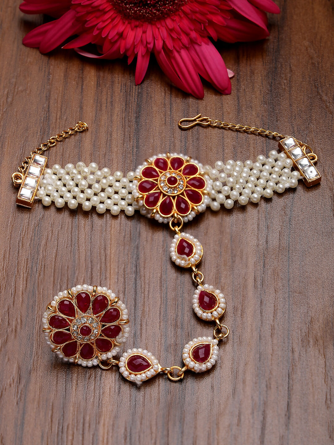 NVR Women's Red Gold-Polished Stone Studded Handcrafted Ring Bracelet - Distacart