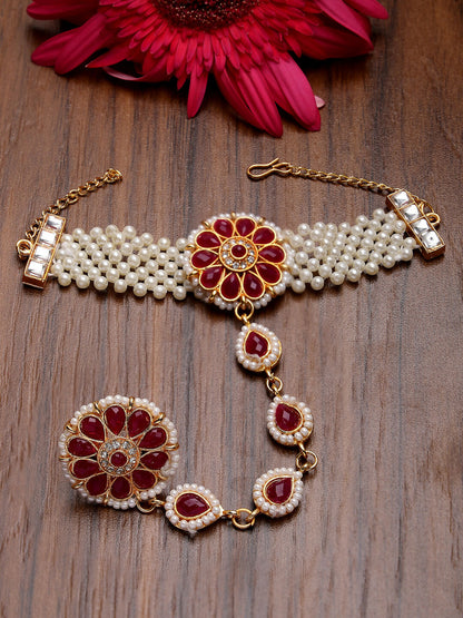 NVR Women's Red Gold-Polished Stone Studded Handcrafted Ring Bracelet - Distacart