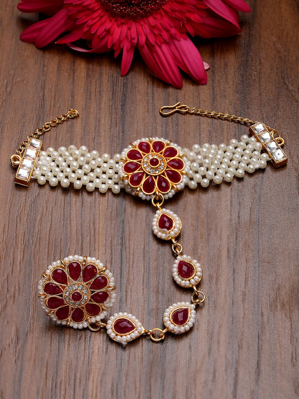 NVR Women's Red Gold-Polished Stone Studded Handcrafted Ring Bracelet - Distacart