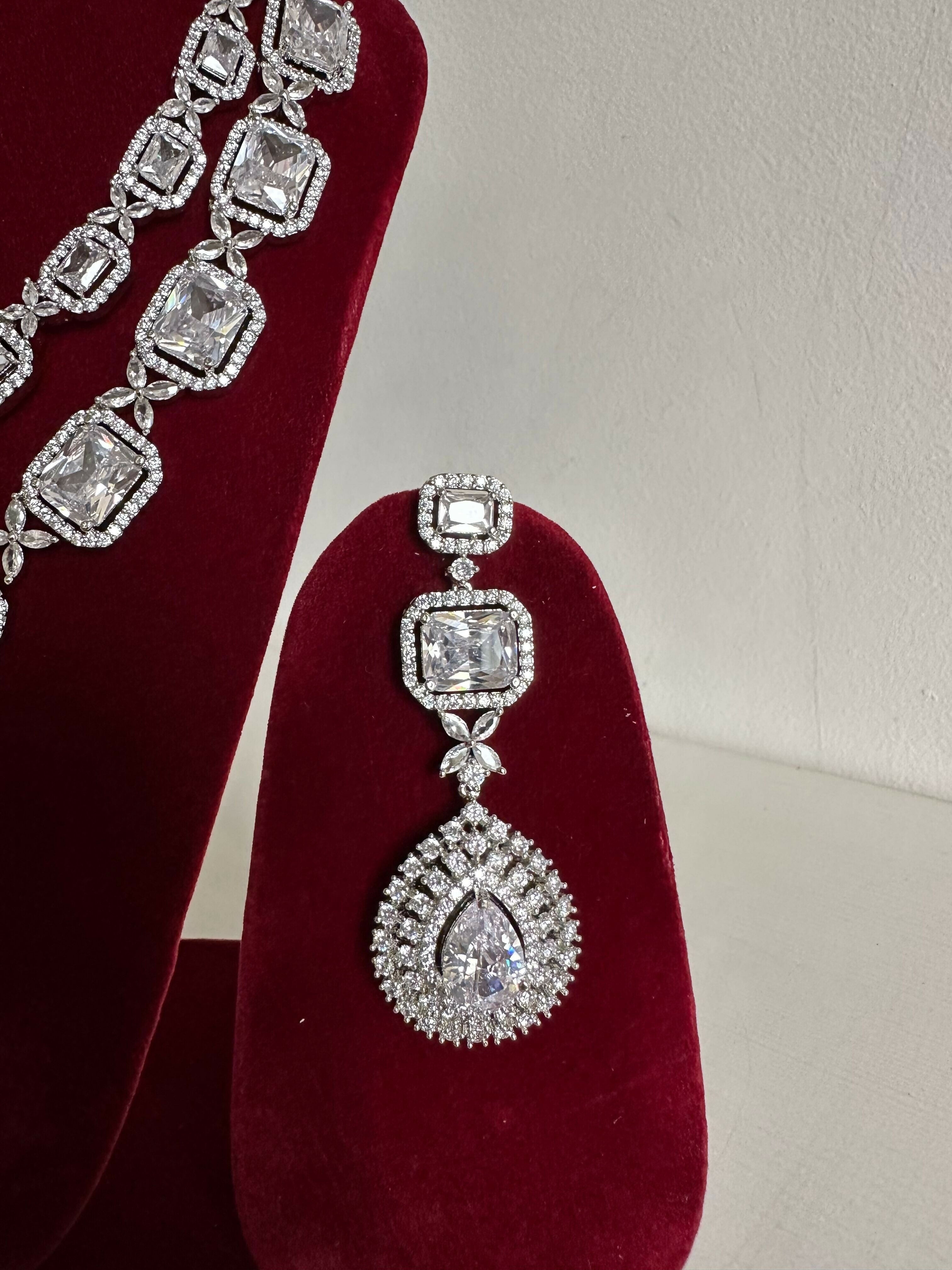 Siver American Diamond Two Layer Elegent Necklace Set With Earrings By House of Ree - Distacart