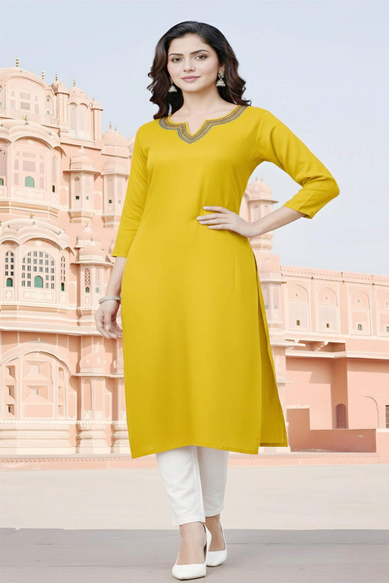 SRS Fashion Yellow Embroidered Rayon Straight Kurta Set - Dista