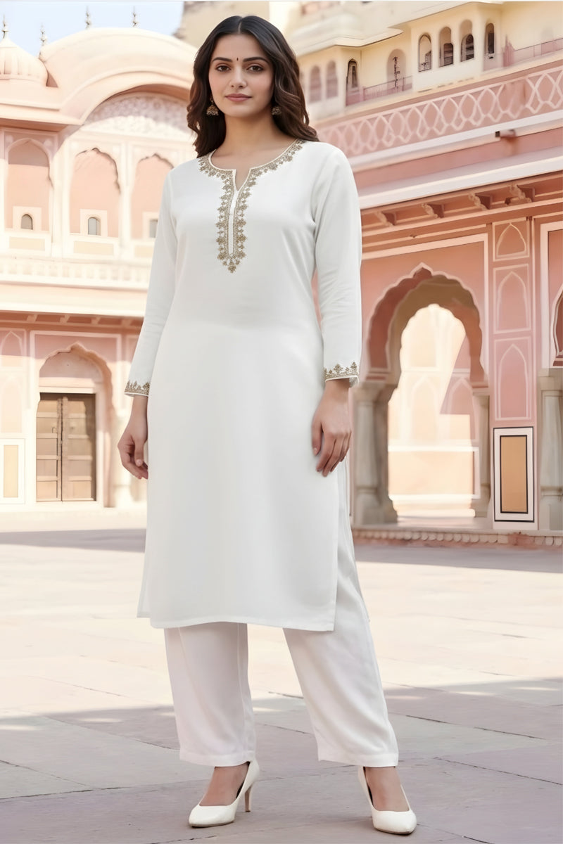 SRS Fashion White Embroidered Rayon Straight Kurta Set - Dista