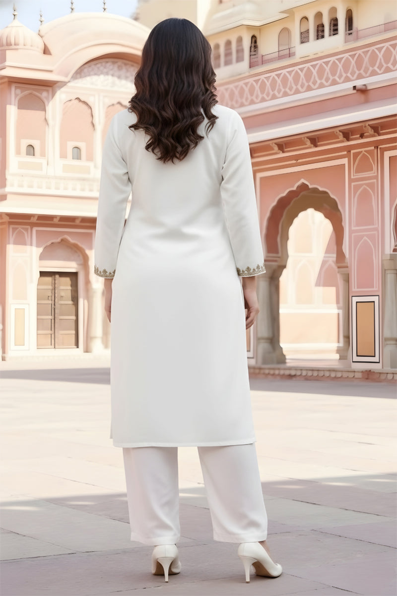 SRS Fashion White Embroidered Rayon Straight Kurta Set - Dista