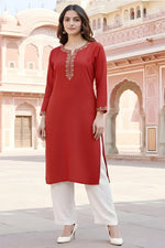 Thumbnail for SRS Fashion Red Embroidered Rayon Straight Kurta Set - Dista