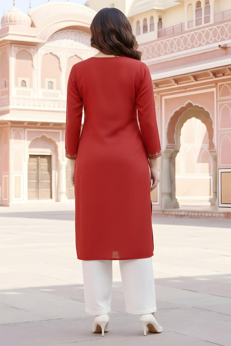 SRS Fashion Red Embroidered Rayon Straight Kurta Set - Dista