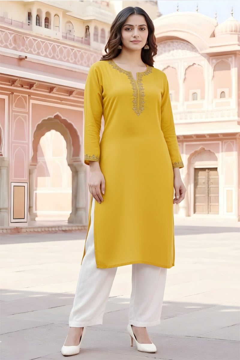 SRS Fashion Yellow Embroidered Rayon Straight Kurta Set - Dista