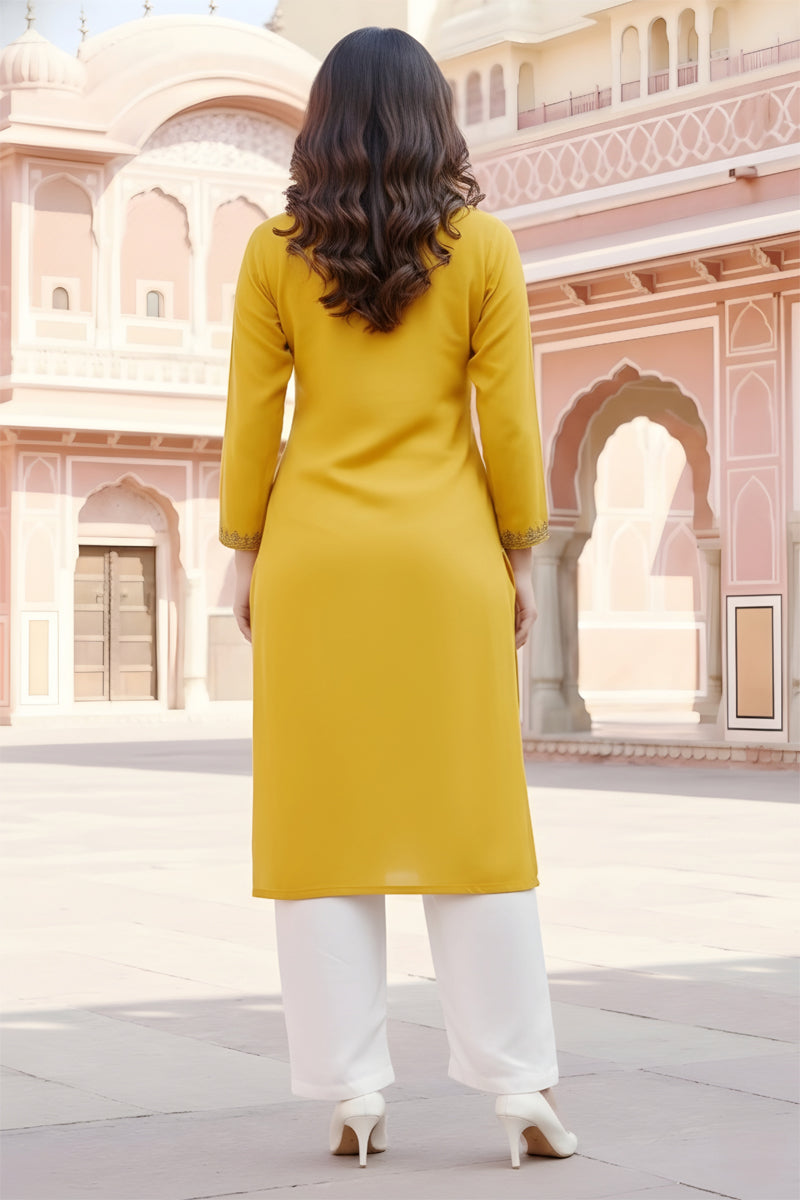SRS Fashion Yellow Embroidered Rayon Straight Kurta Set - Dista