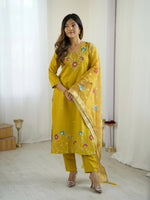 Thumbnail for The52 Yellow Women's Gorgeous Embroidered work Viscose Gadhwal Fabric Straight Kurta, Pant and Dupatta Set - Distacart