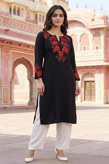 SRS Fashion Black Embroidered Rayon Straight Kurta Set - Dista