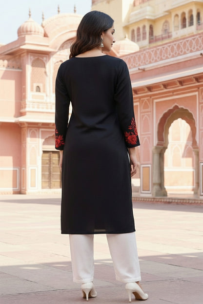 SRS Fashion Black Embroidered Rayon Straight Kurta Set - Dista
