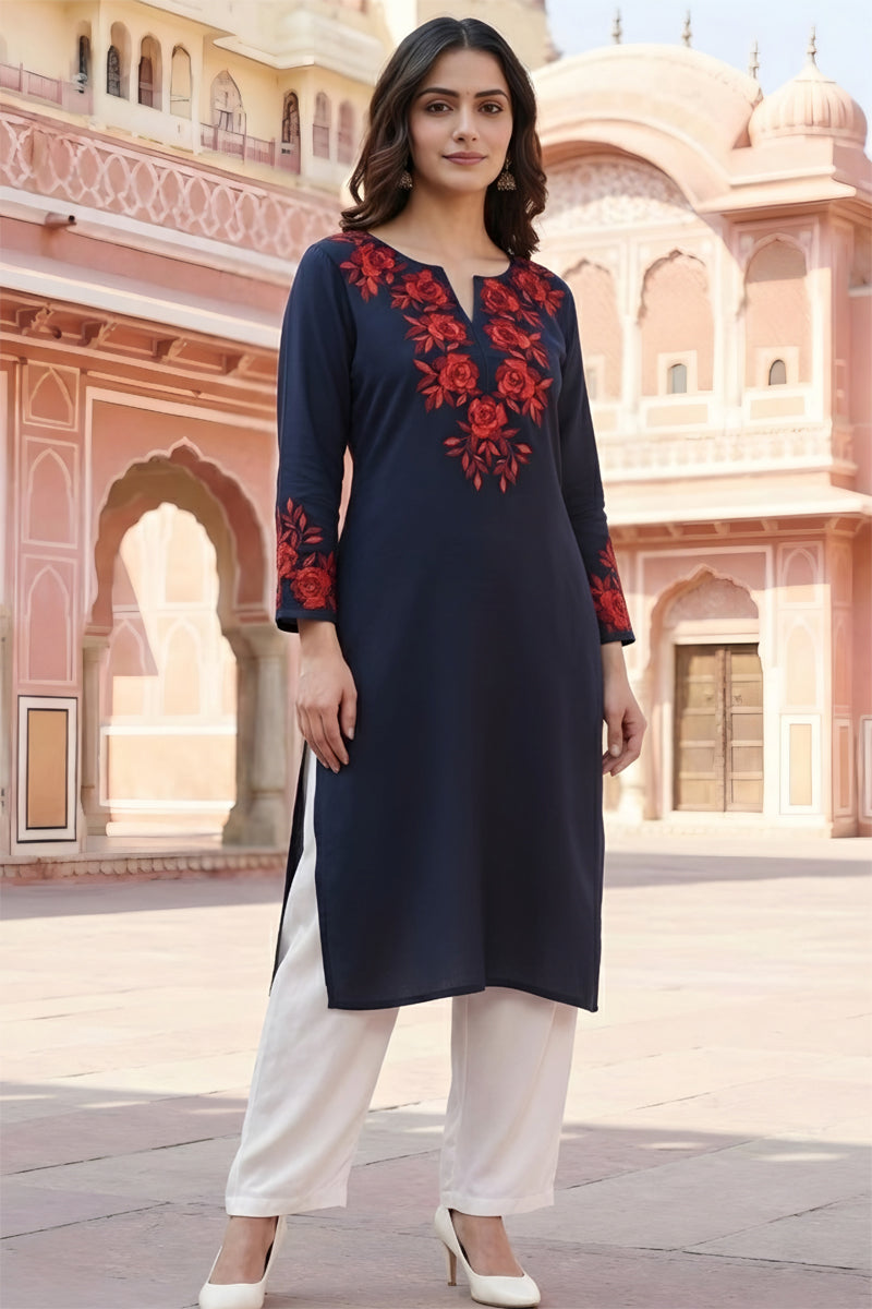 SRS Fashion Blue Embroidered Rayon Straight Kurta Set - Dista
