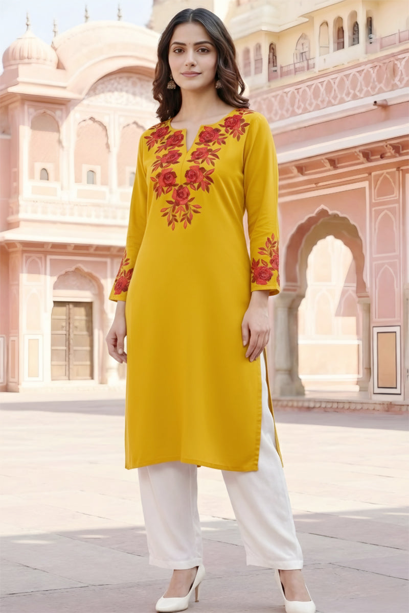 SRS Fashion Yellow Embroidered Rayon Straight Kurta Set - Dista