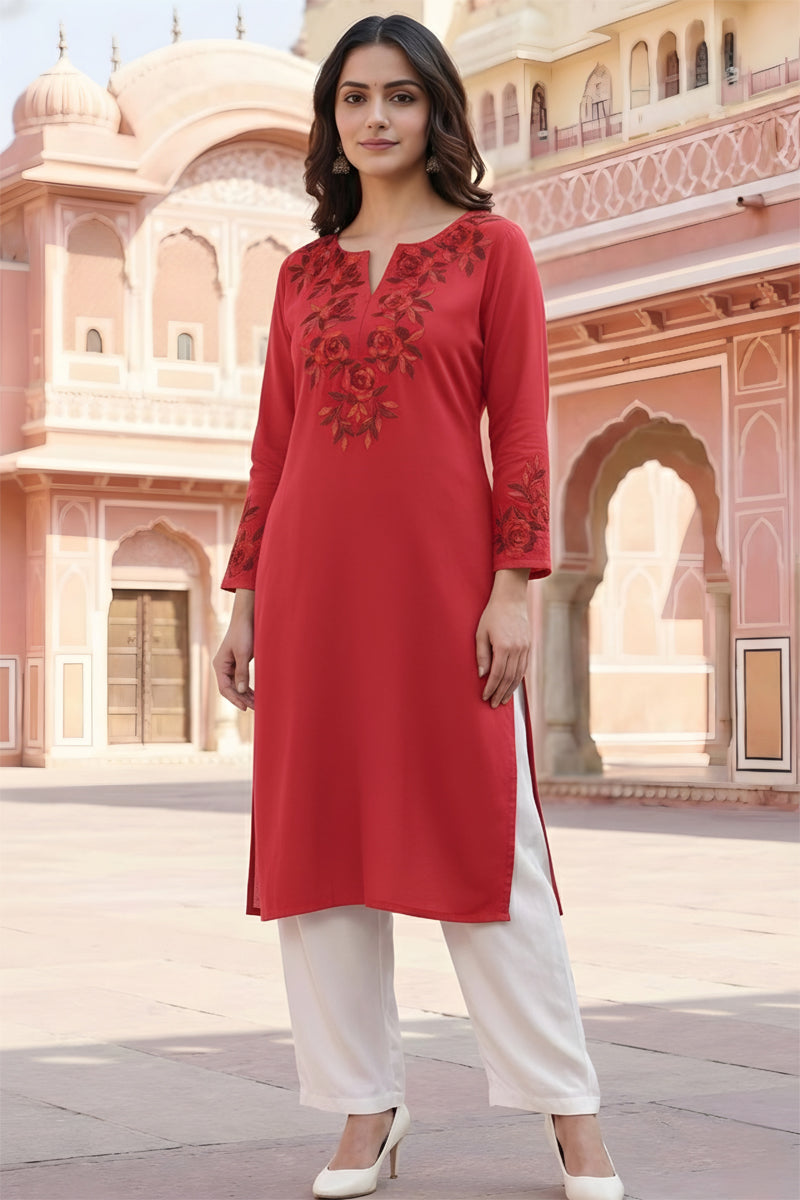 SRS Fashion Red Embroidered Rayon Straight Kurta Set - Dista