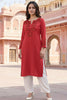 SRS Fashion Red Embroidered Rayon Straight Kurta Set - Dista