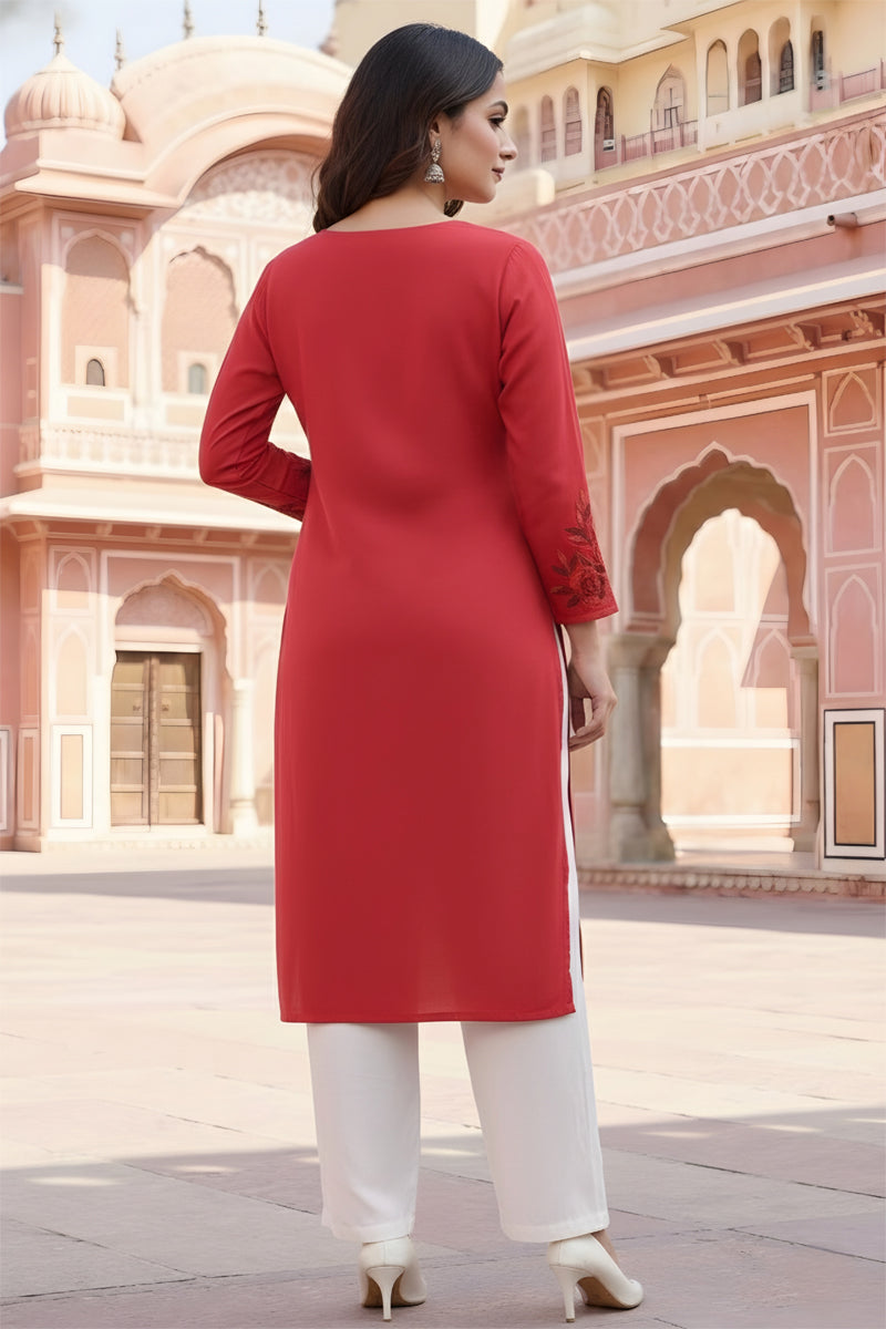 SRS Fashion Red Embroidered Rayon Straight Kurta Set - Dista