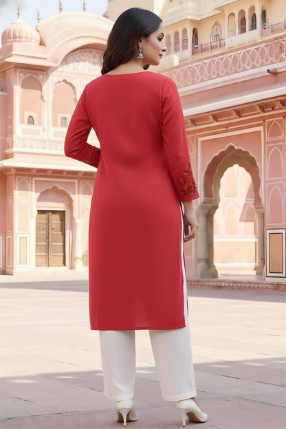 SRS Fashion Red Embroidered Rayon Straight Kurta Set - Dista
