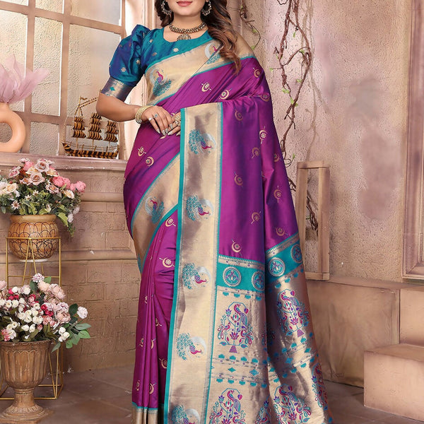 Joban Fashion Paithani Purple Woven Soft Silk Saree - Distacart