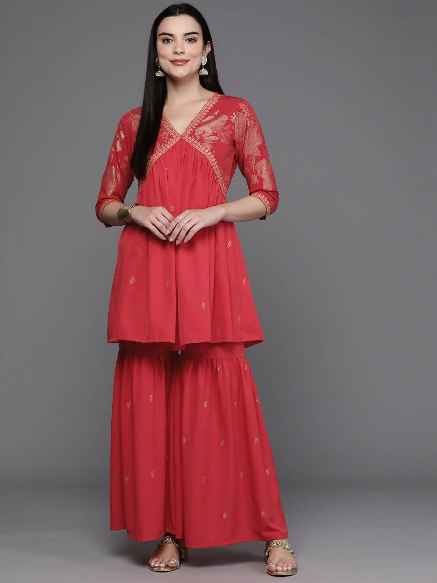 Ahalyaa Women Floral Printed Tunic with Palazzos - Red Color - Distacart