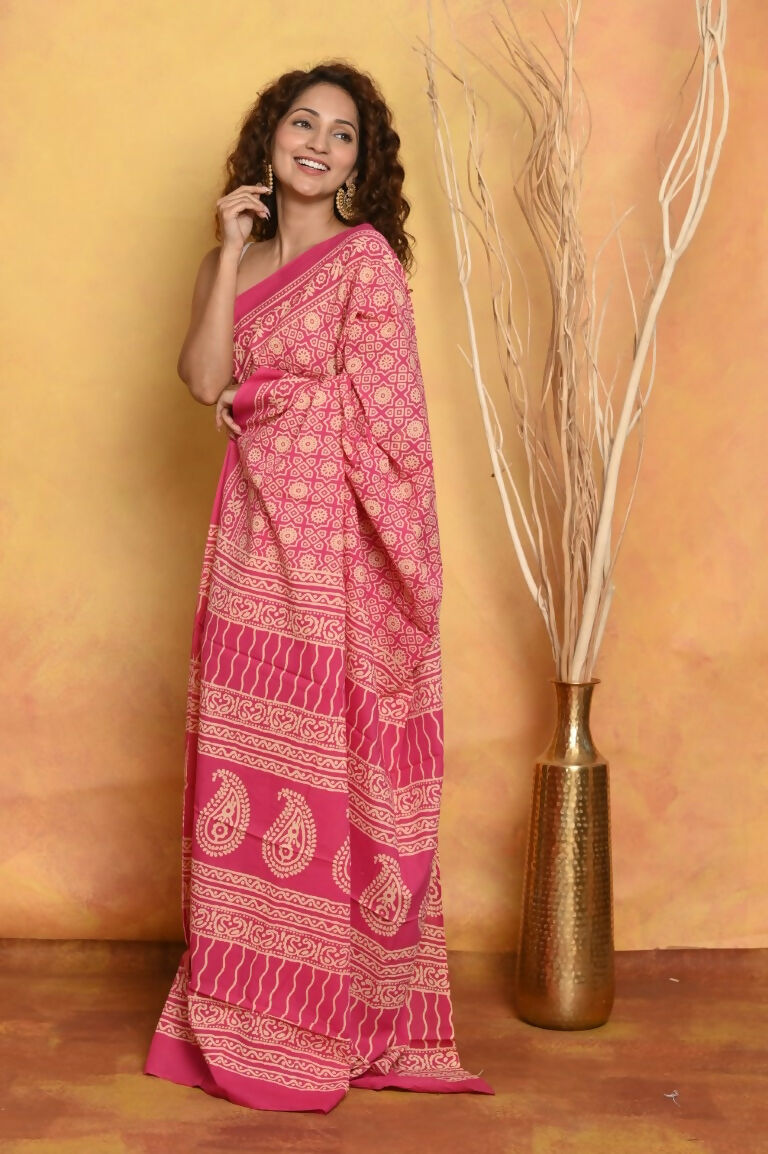 Very Much Indian Pure Cotton - Natural Dyes Handblock Printed Saree - Pink - Distacart