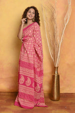 Thumbnail for Very Much Indian Pure Cotton - Natural Dyes Handblock Printed Saree - Pink - Distacart