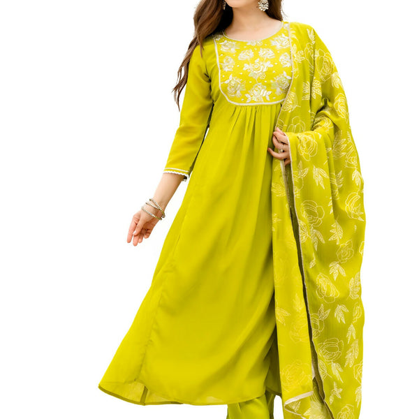 The52 Liril Women's Beautiful Embroidered work Chinon Fabric with Flared Kurta, Pant and Dupatta Set - Distacart