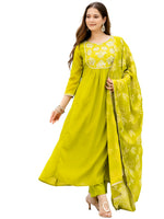 Thumbnail for The52 Liril Women's Beautiful Embroidered work Chinon Fabric with Flared Kurta, Pant and Dupatta Set - Distacart
