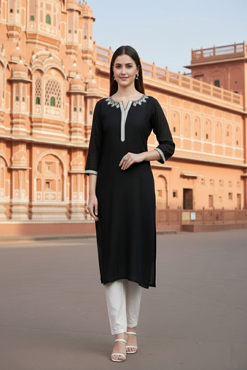 SRS Fashion Black Embroidered Rayon Straight Kurta Set - Dista