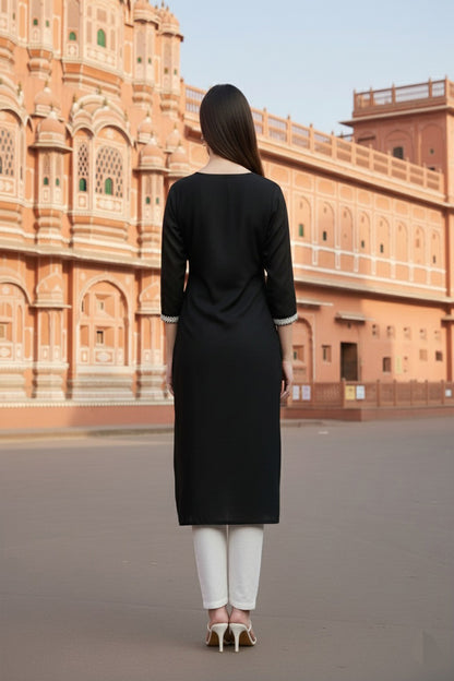 SRS Fashion Black Embroidered Rayon Straight Kurta Set - Dista