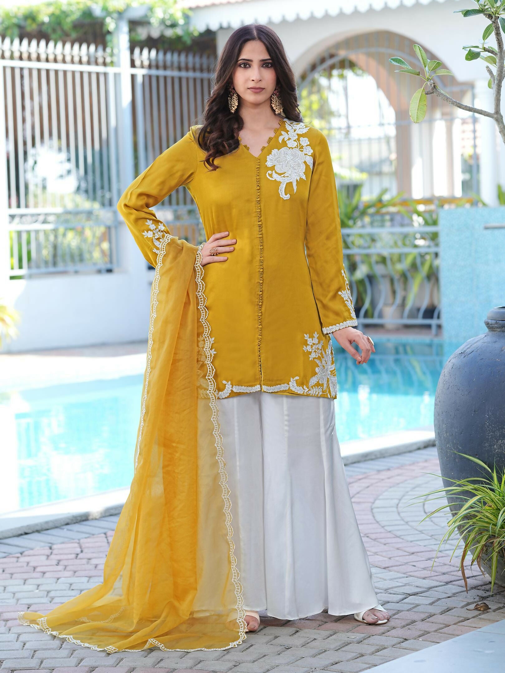 Nikhaar Dark Yellow Embroidered Modal Silk Stitched Straight Cut Kurta Kalidar Palazzo Dupatta Readymade Suit - Dista