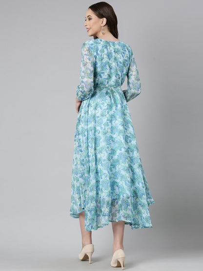 Souchii Blue Floral Chiffon Maxi Dress - Dista