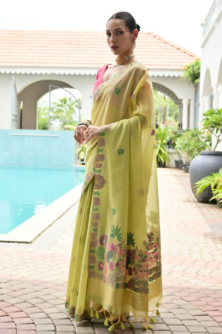 Vishnu Weaves Women's Pista Muga Cotton Thread Weaving Saree with Blouse