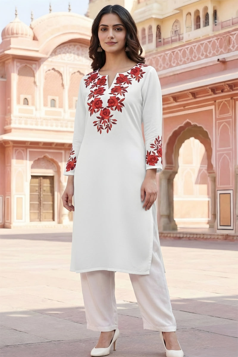 SRS Fashion White Embroidered Rayon Straight Kurta Set - Dista
