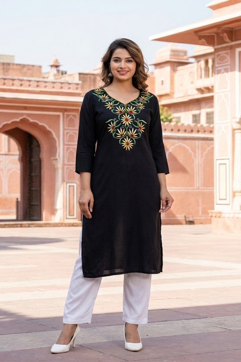 SRS Fashion Black Embroidered Rayon Straight Kurta Set - Dista