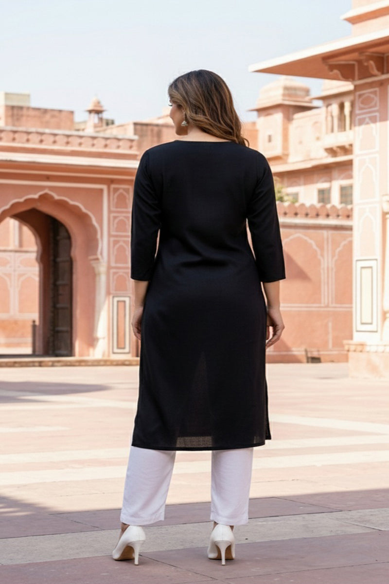 SRS Fashion Black Embroidered Rayon Straight Kurta Set - Dista