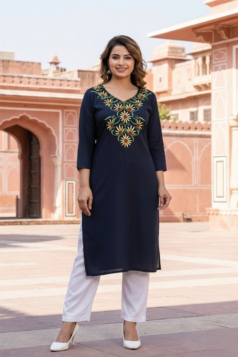 SRS Fashion Blue Embroidered Rayon Straight Kurta Set - Dista