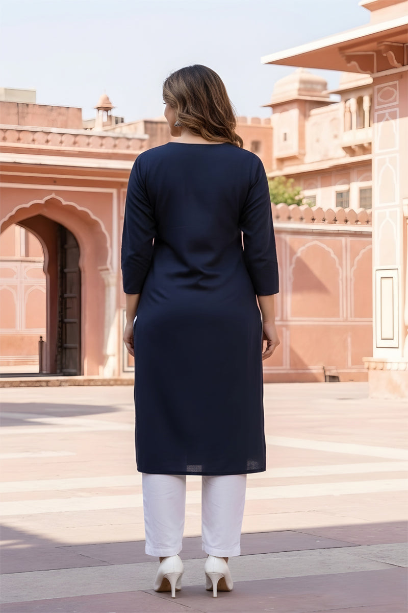 SRS Fashion Blue Embroidered Rayon Straight Kurta Set - Dista