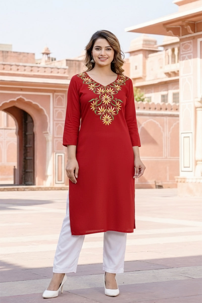 SRS Fashion Red Embroidered Rayon Straight Kurta Set - Dista