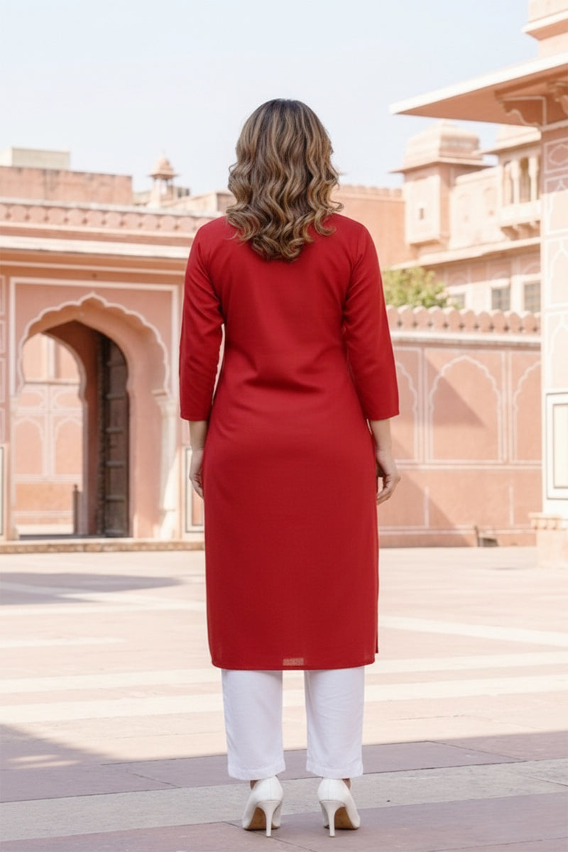 SRS Fashion Red Embroidered Rayon Straight Kurta Set - Dista