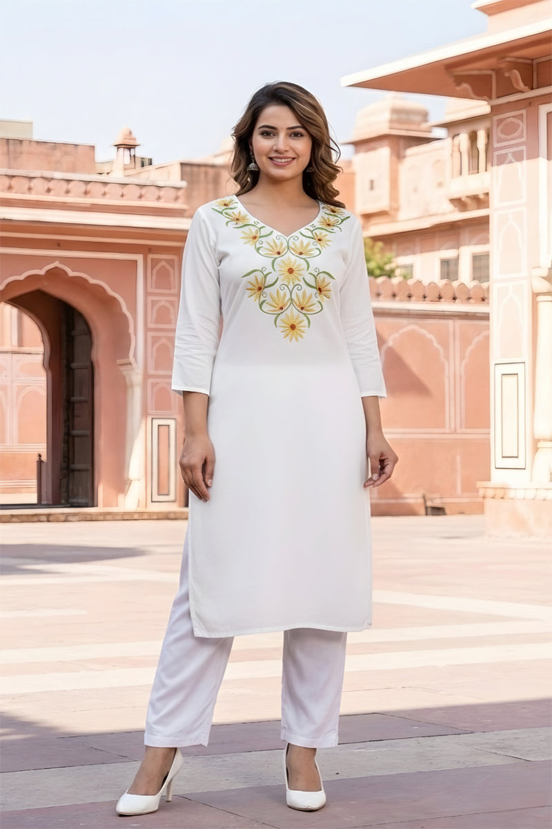 SRS Fashion White Embroidered Rayon Straight Kurta Set - Dista