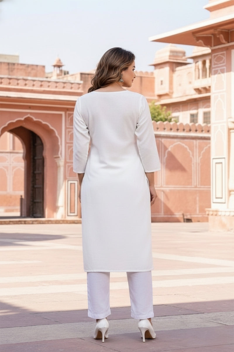 SRS Fashion White Embroidered Rayon Straight Kurta Set - Dista