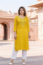 Thumbnail for SRS Fashion Yellow Embroidered Rayon Straight Kurta Set - Dista