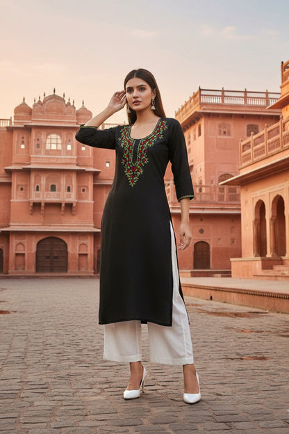SRS Fashion Black Embroidered Rayon Straight Kurta Set - Dista